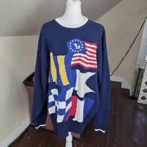 VTG GANT Hand Intarsia Nautical Flag Sweater XL 100% Cotton Navy USA Flag